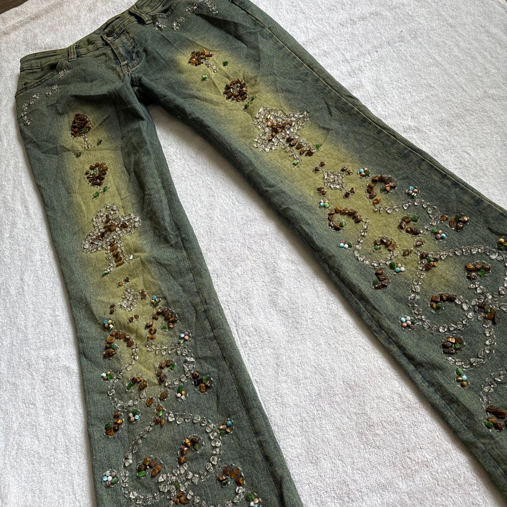 Algo Embellished Beaded Cross Jeans acid Wash Green Denim Y2K Style Size 4